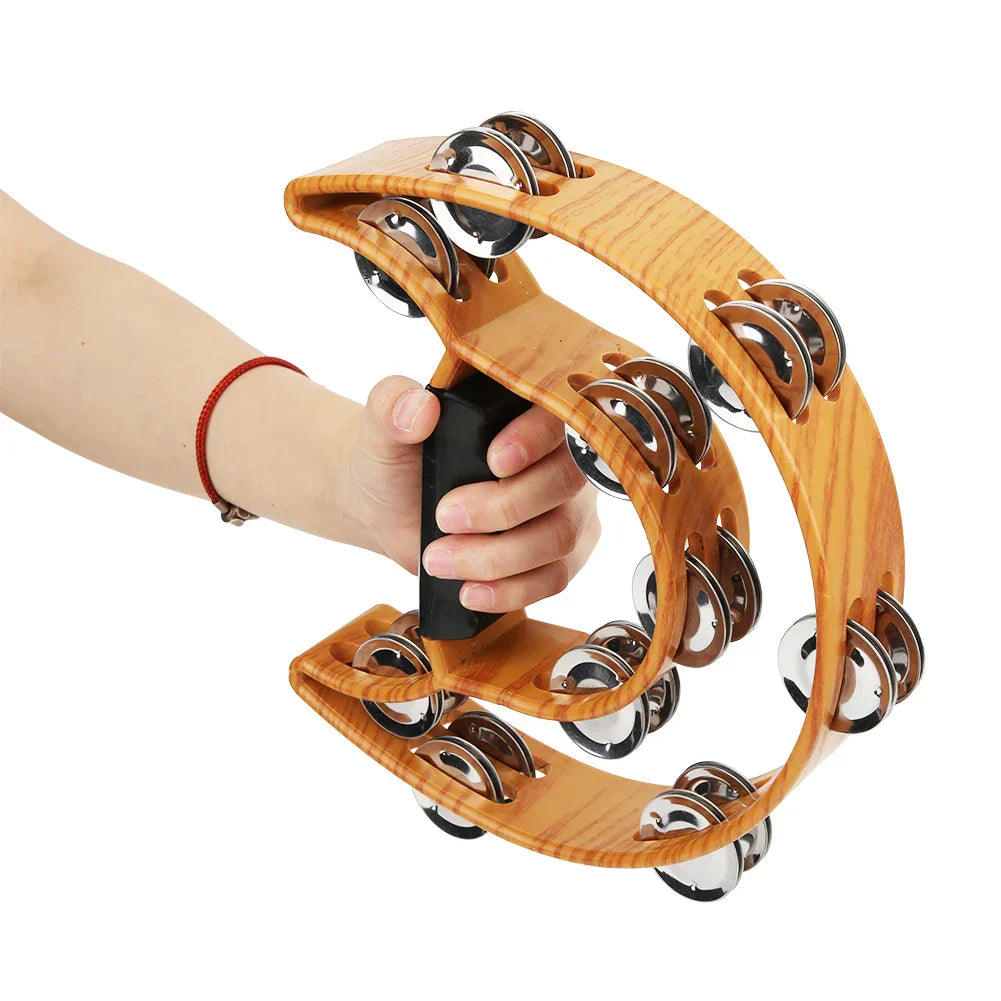 Wooden handbell tambourine with double row tambourine metal jingles and ergonomic grip percussion handle