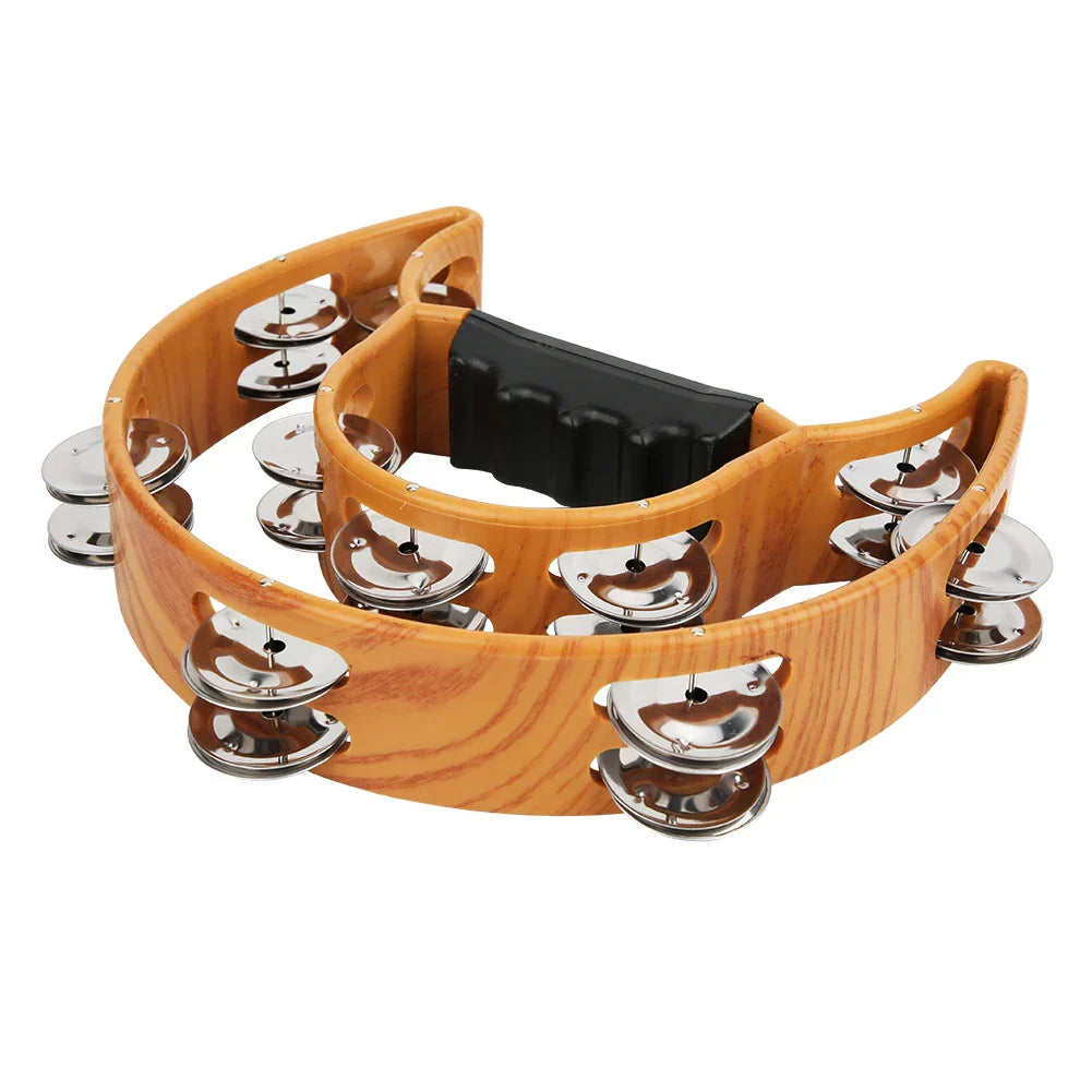 Wooden handbell tambourine with double row metal jingles and black ergonomic grip percussion instrument