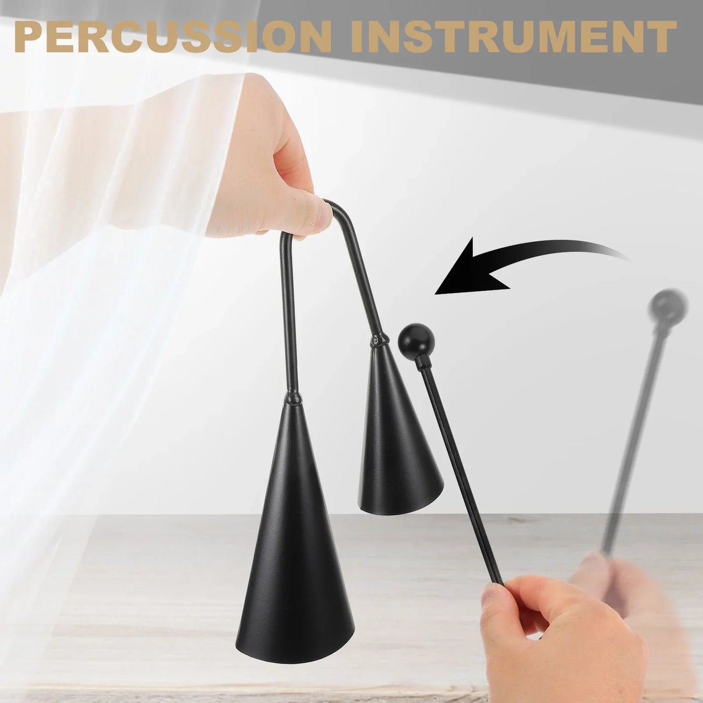 Black metal double trumpet agogo bells with curved handle and spherical mallet este cencerro percussion instrument