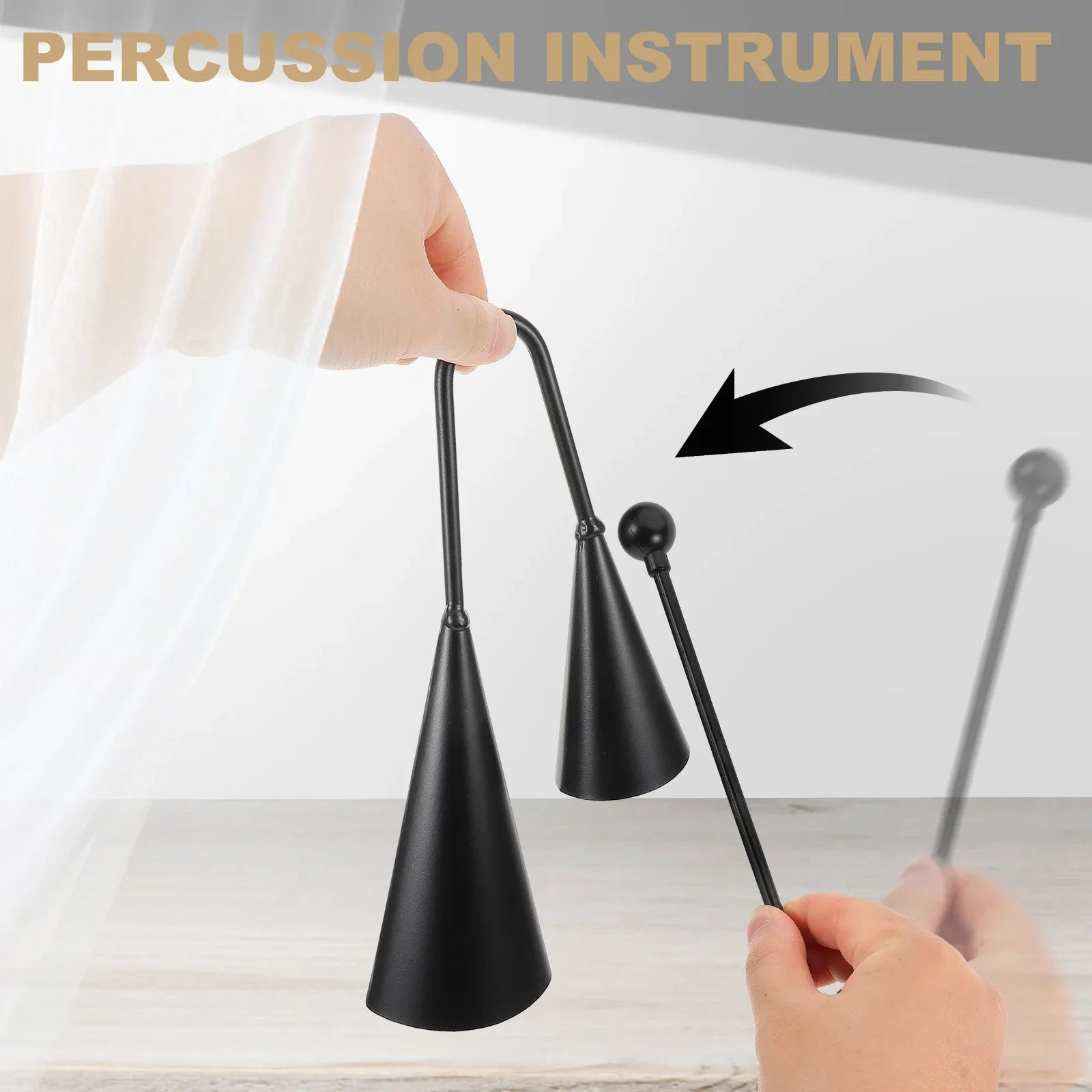 Black metal double trumpet agogo bells with curved handle and spherical mallet este cencerro percussion instrument