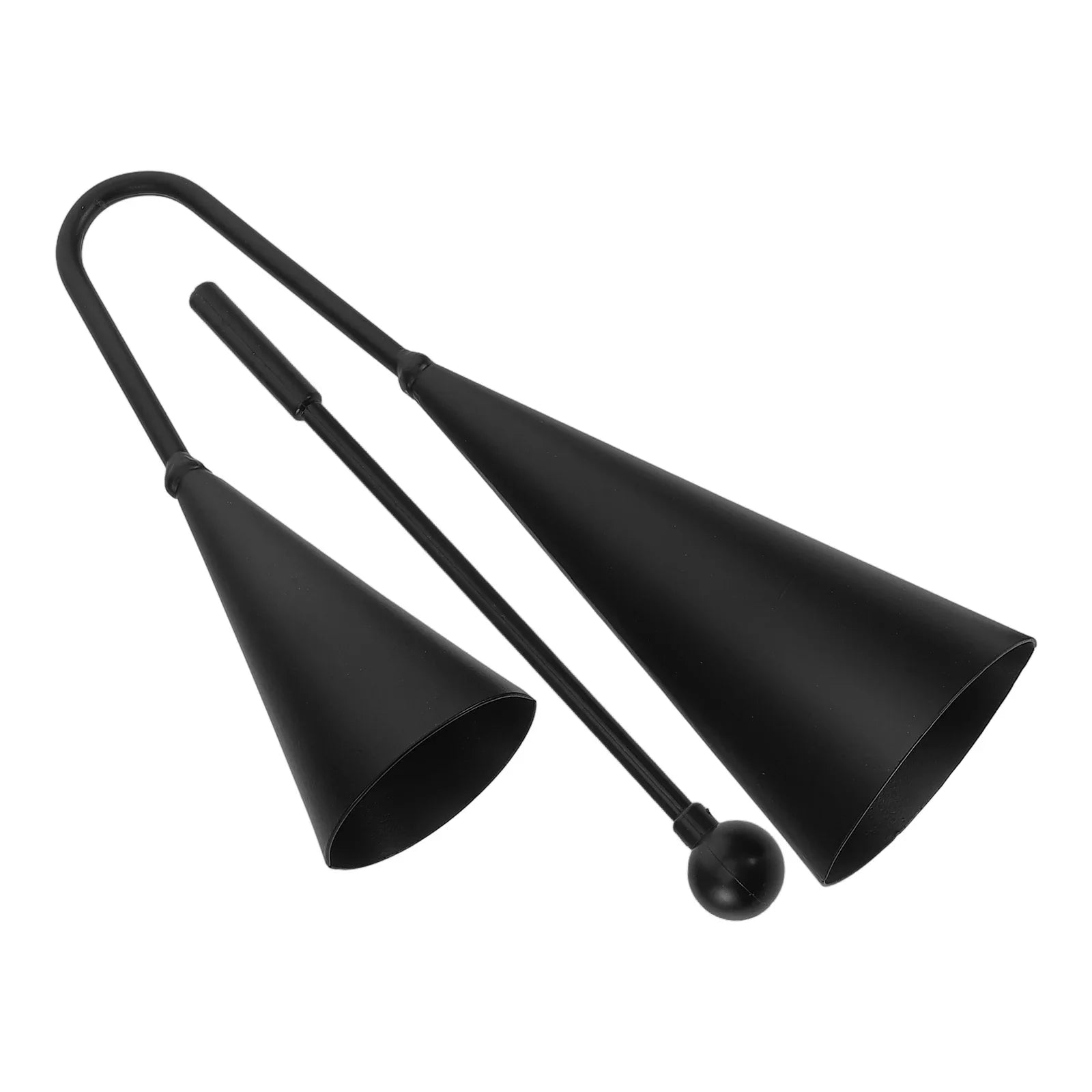 Black metal double trumpet agogo bell with matching black mallet este cencerro percussion instrument