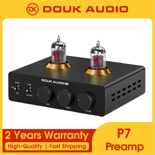 Black douk audio p7 hifi phono stage tube preamp with two silver vacuum tubes and gold-colored bases for mm turntable