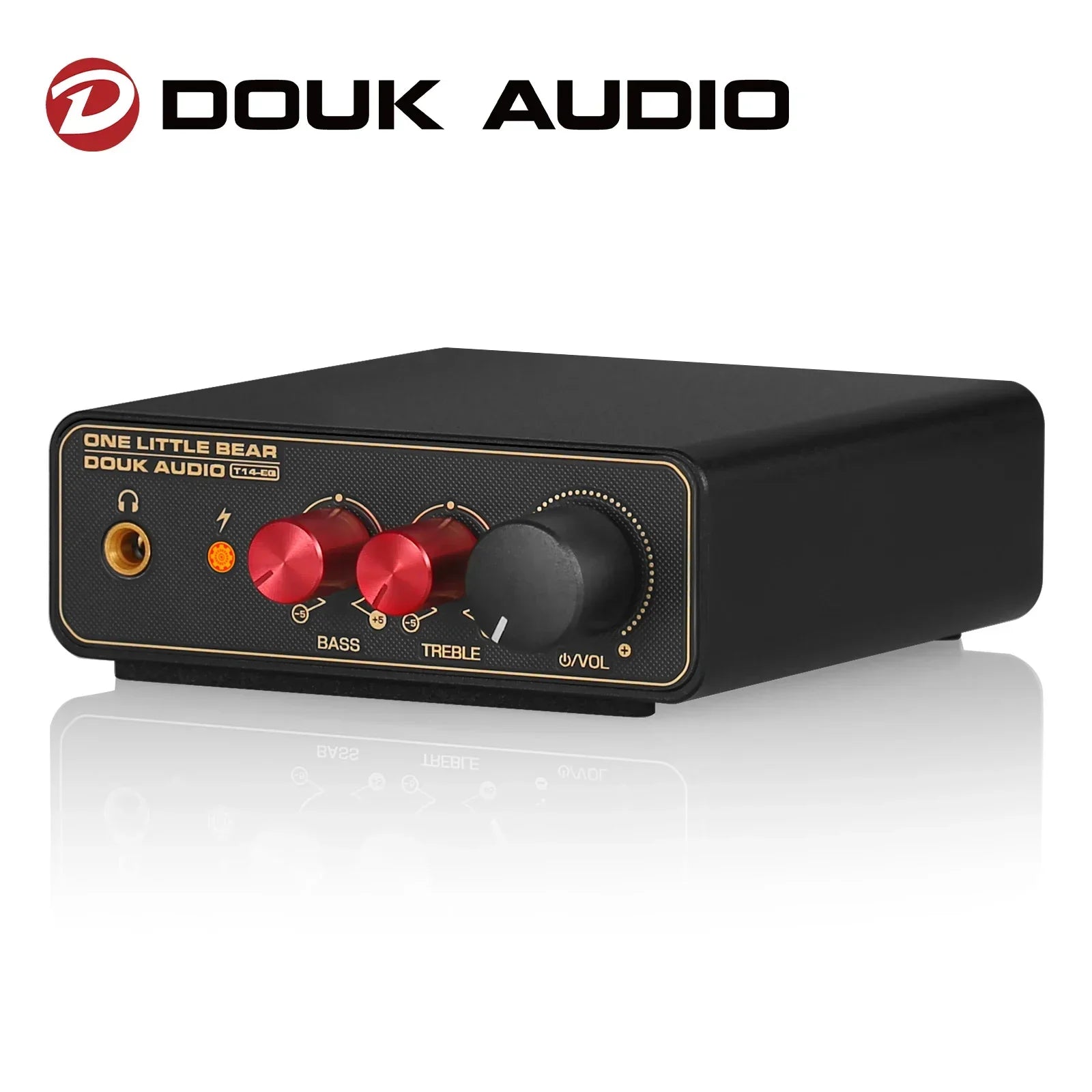 Black douk audio one little bear t14-60 phono stage preamp with red and gold knobs and headphone amp output