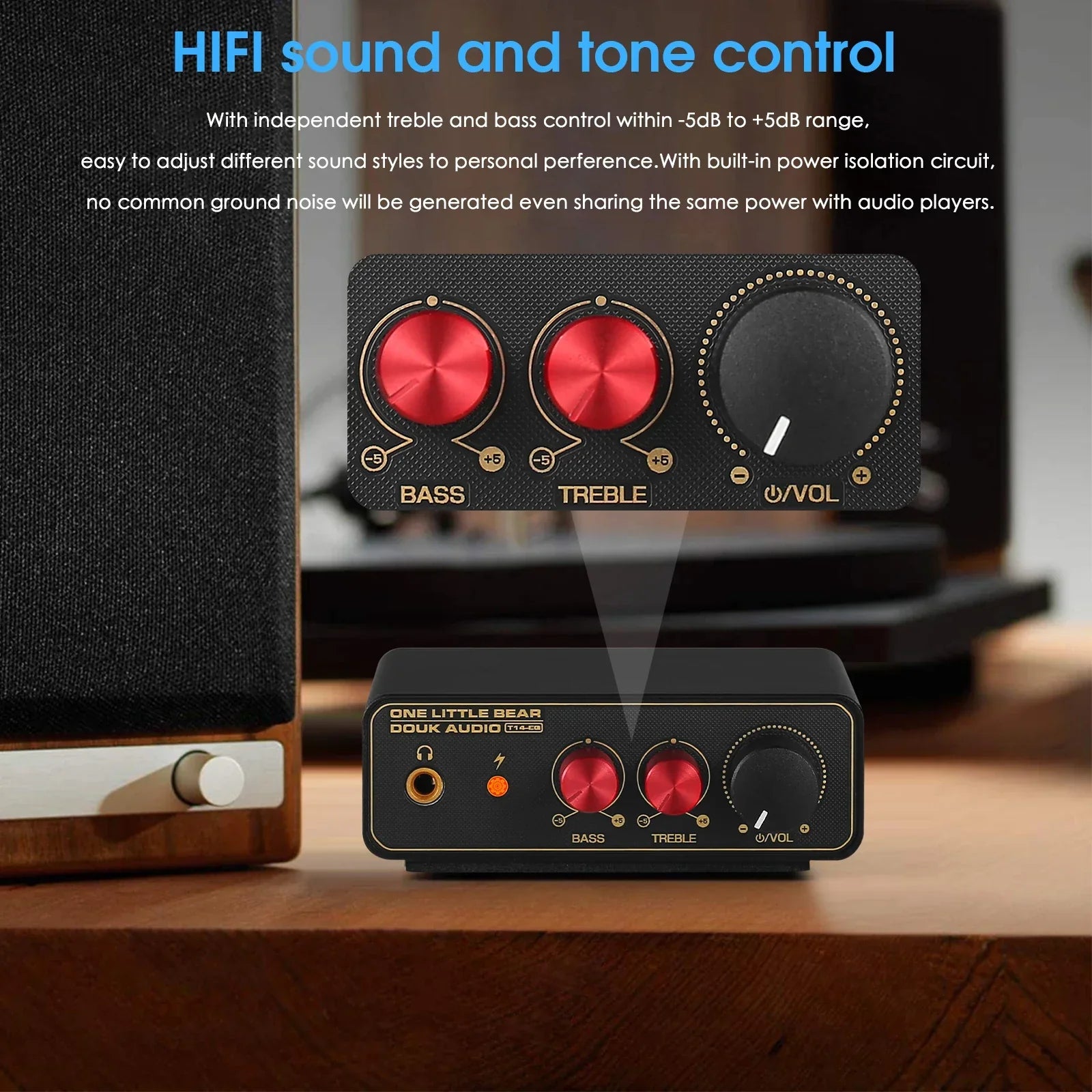 Black douk audio t14-eq phono stage preamp with red bass treble knobs and headphone amp for stereo rca output