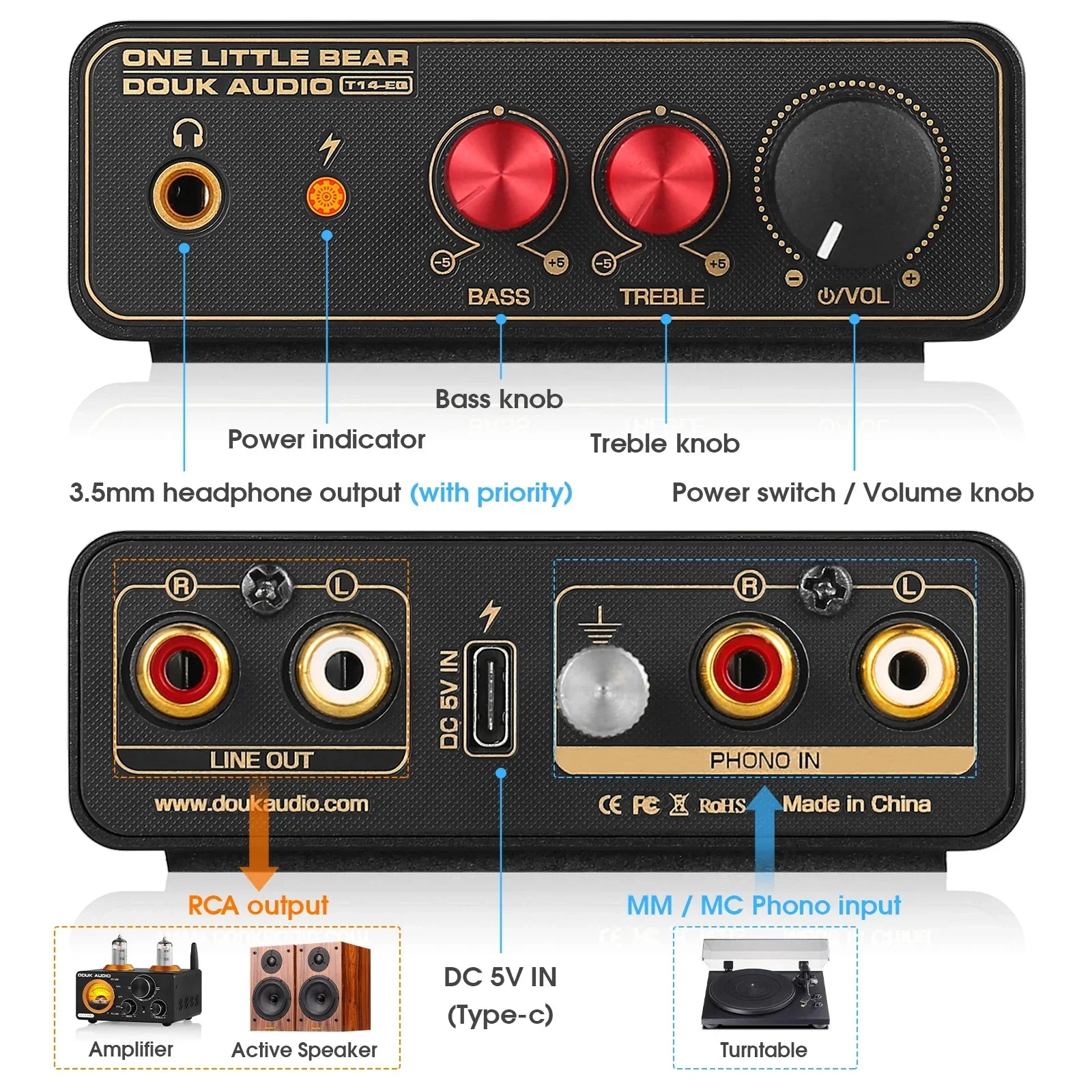 Black douk audio t14-eq phono stage preamp with red bass treble knobs gold-trimmed inputs headphone amp stereo rca output