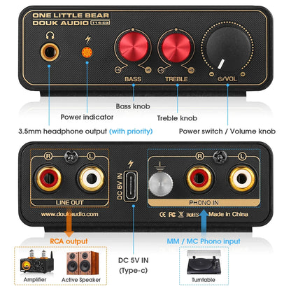 Black douk audio t14-eq phono stage preamp with red bass treble knobs gold-trimmed inputs headphone amp stereo rca output