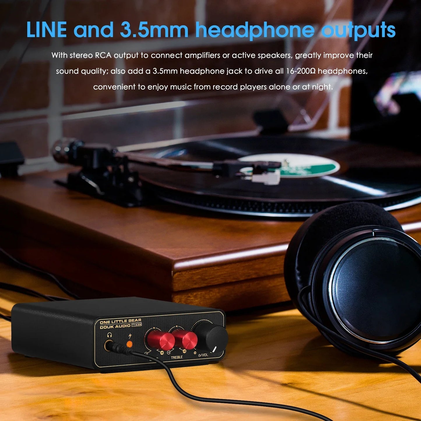 Black rectangular Douk Audio T14-EQ phono stage preamp with red knobs silver accents and headphone amp for home use