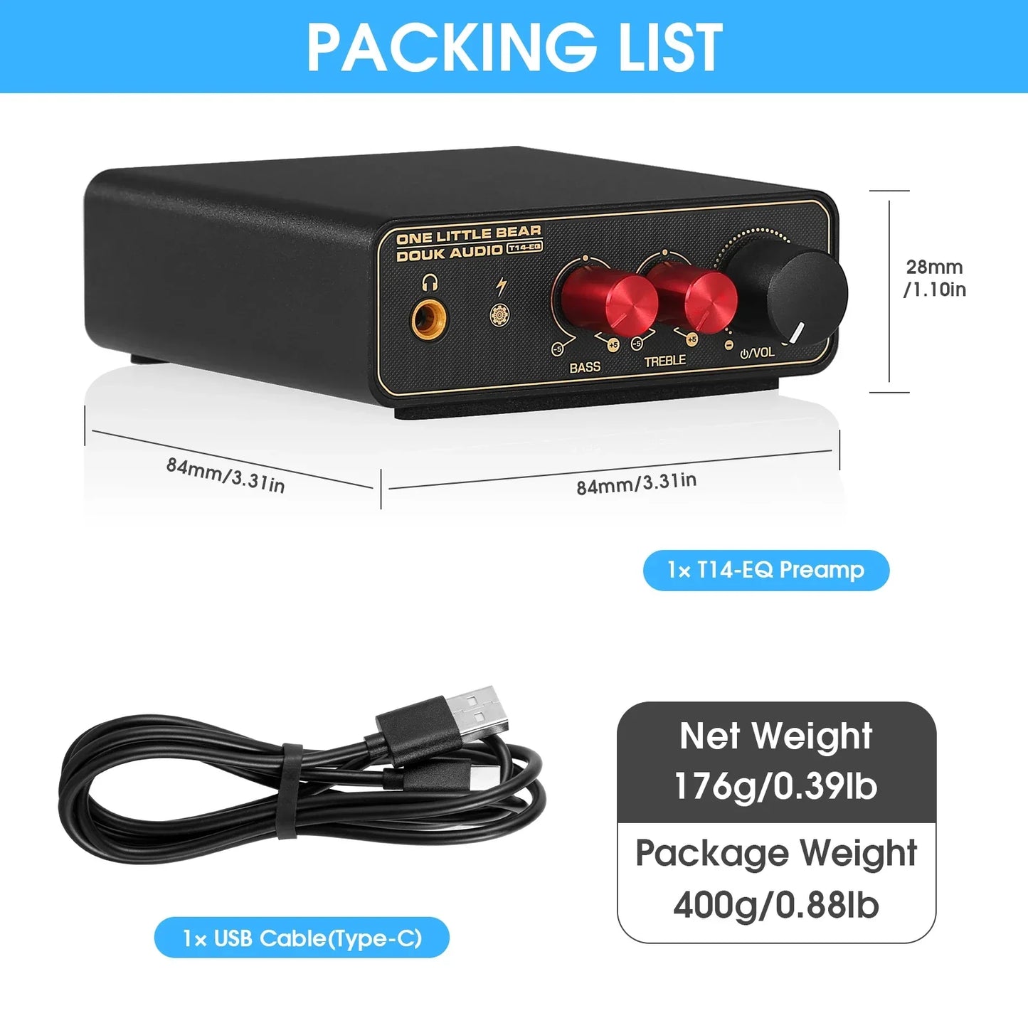 Black rectangular douk audio t14-eq phono stage preamp with red knobs gold accents and headphone amp for turntables
