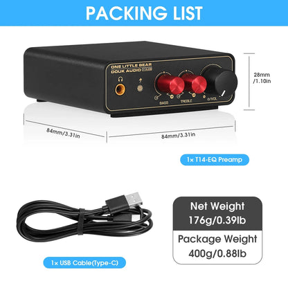 Black rectangular douk audio t14-eq phono stage preamp with red knobs gold accents and headphone amp for turntables