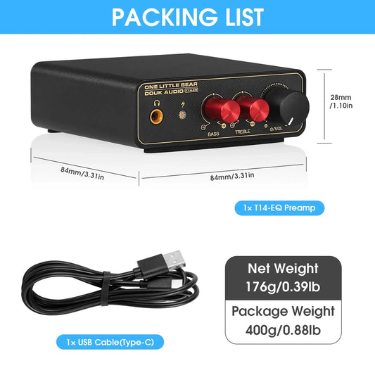 Black rectangular douk audio t14-eq phono stage preamp with red knobs gold accents and headphone amp for turntables