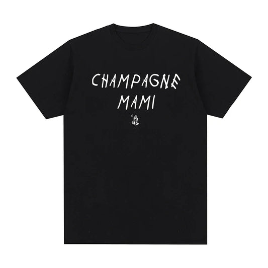 Black cotton short-sleeved tee tshirt womens with white champagne mami print drake hip hop rapper certified lover