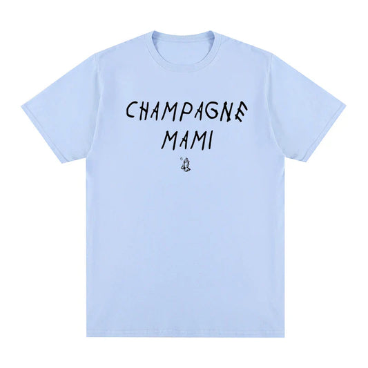 Light blue cotton drake hip hop tee tshirt womens with black champagne mami text and small graphic below