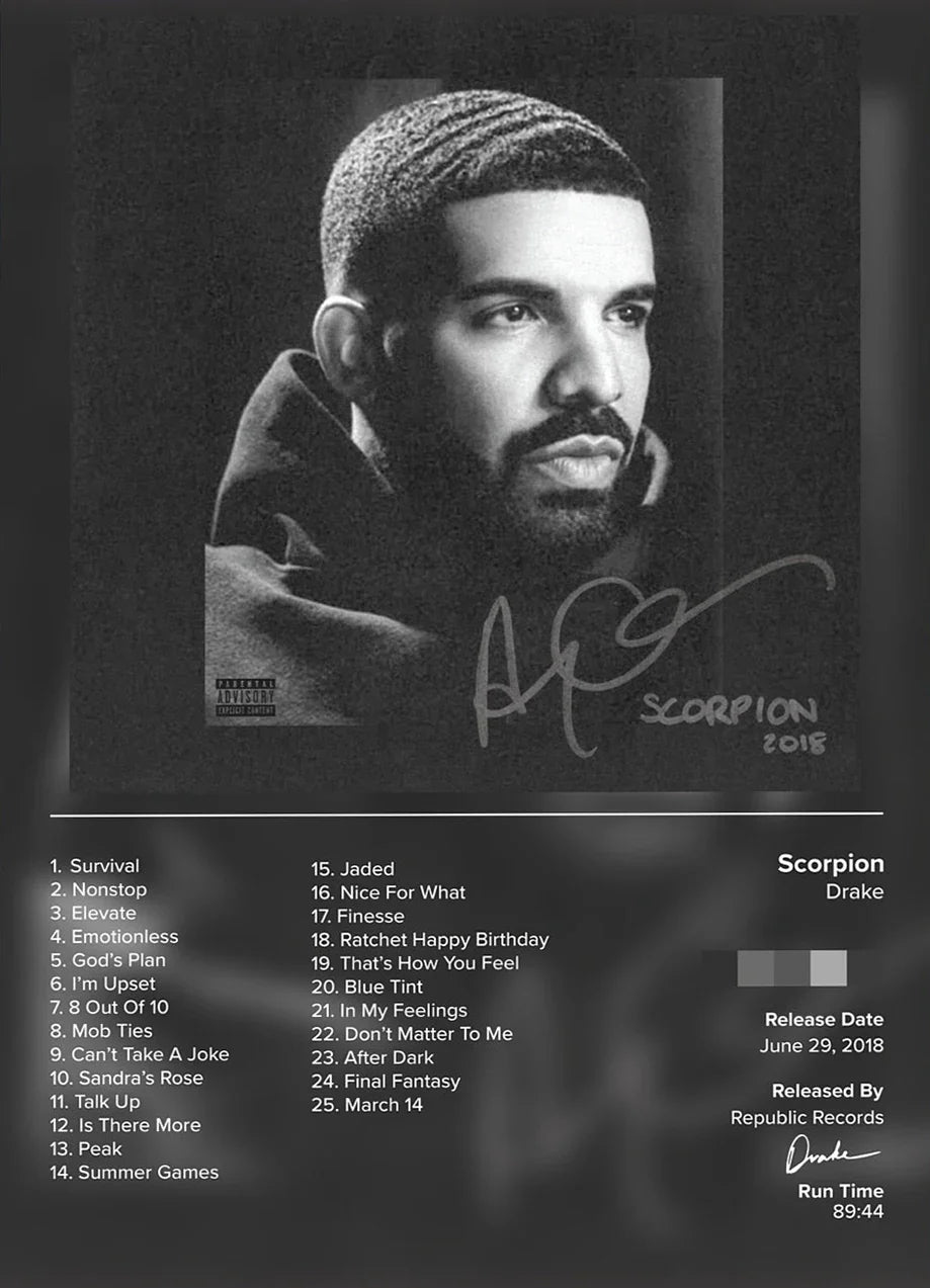 Signed black-and-white drake scorpion album cover poster with portrait and tracklist on canvas for living room decor gift