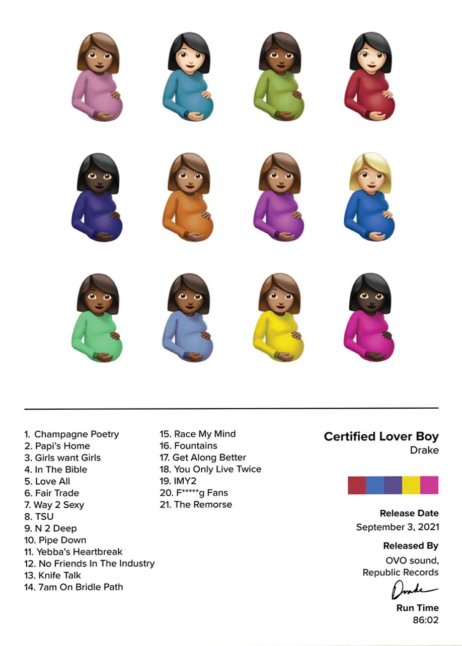 Drake pop rap music album cover poster with 12 colorful emoji-style pregnant women on canvas for living room decor