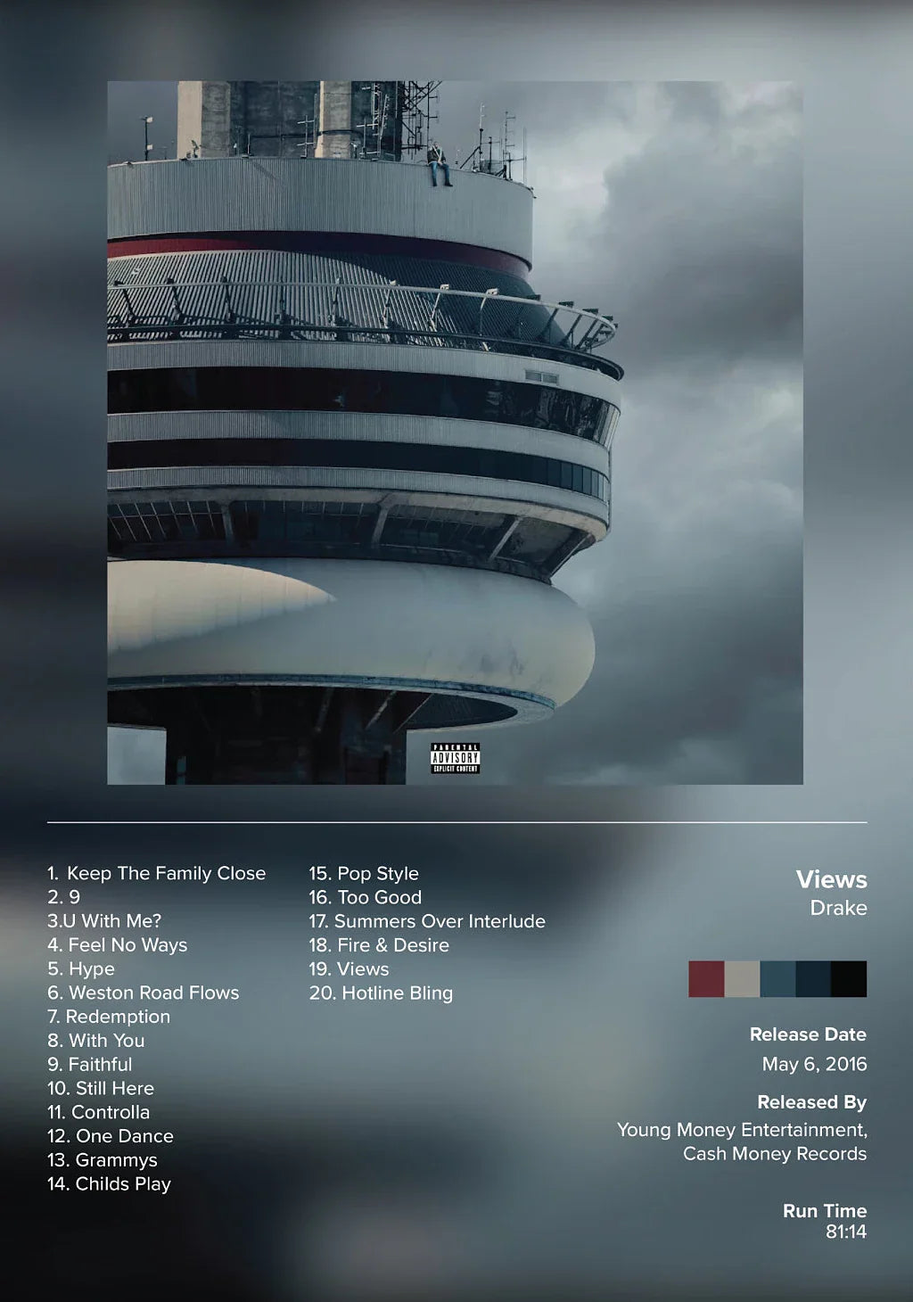 Drake pop rap music album cover poster featuring views tower with white and red stripes on canvas for wall decor gift