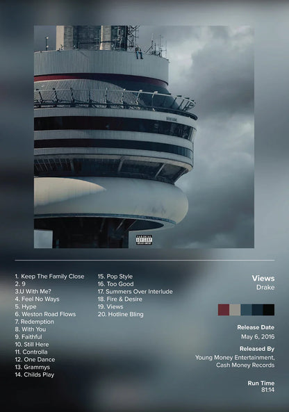 Drake pop rap music album cover poster featuring views tower with white and red stripes on canvas for wall decor gift