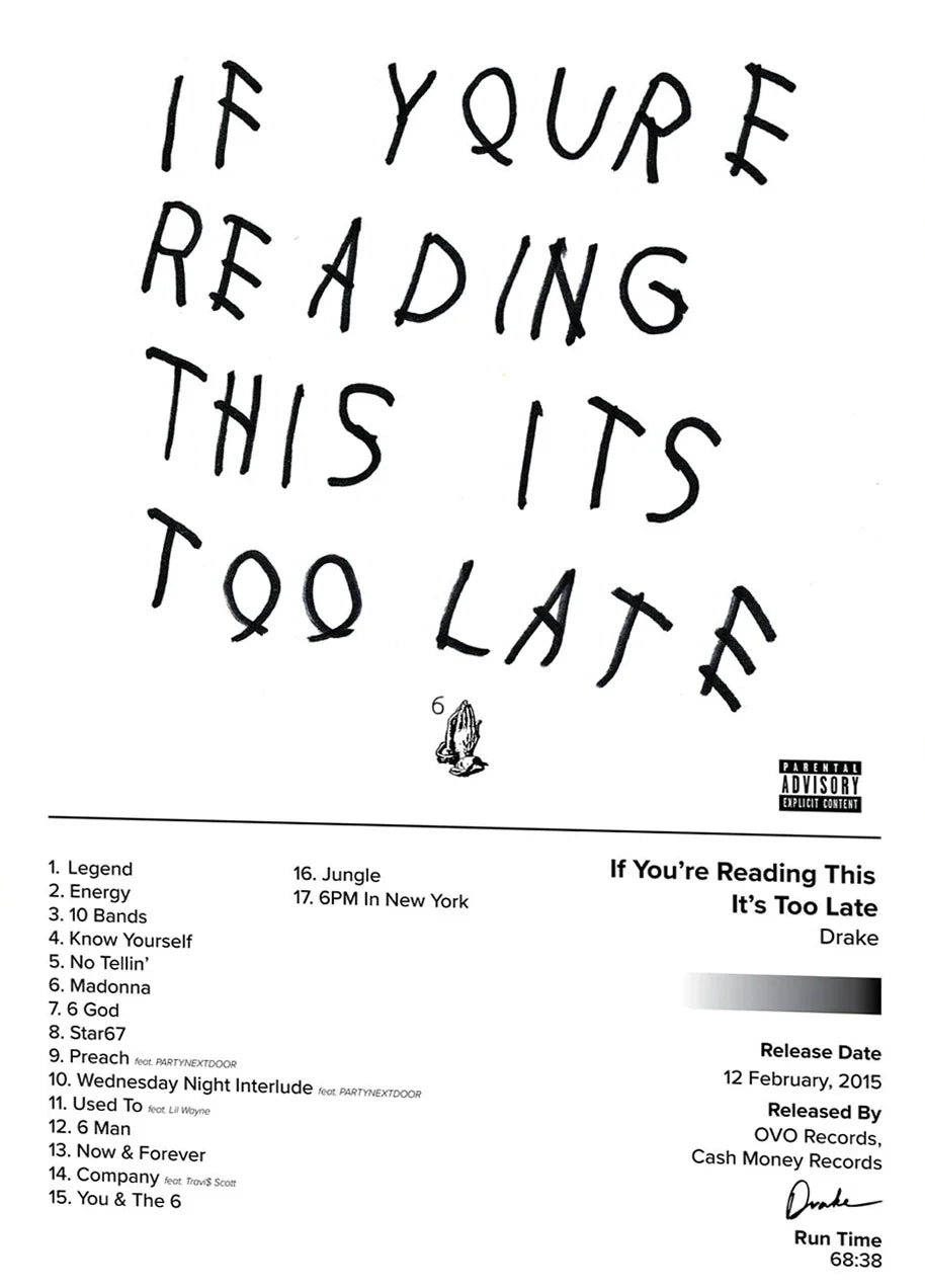 Drake pop rap album cover poster with black handwritten text on white canvas for living room wall decor gift