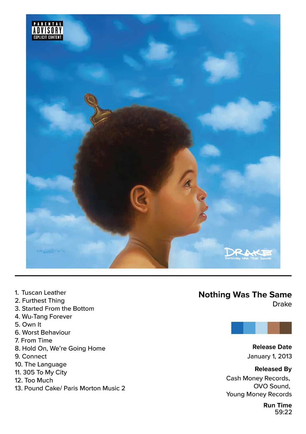 Drake pop rap music album cover poster featuring a painted portrait of a young black boy against blue sky canvas
