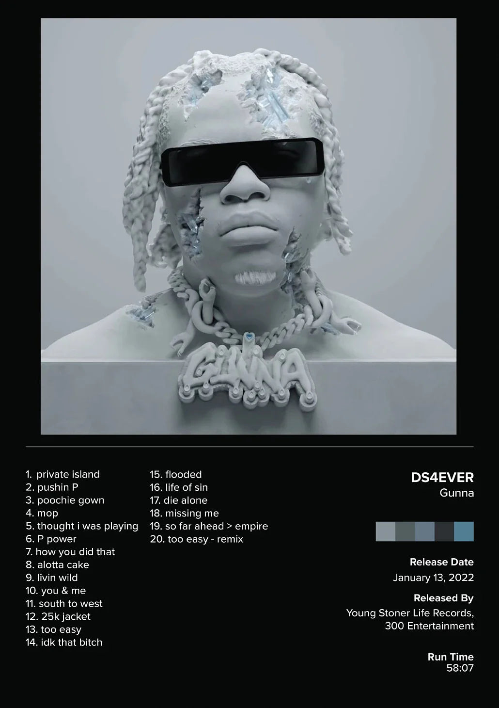 White sculpted bust of gunna wearing black sunglasses and chain necklace on drake pop rap music album cover canvas painting
