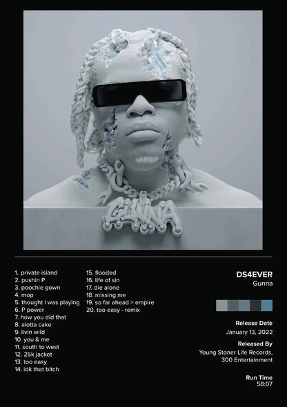 White sculpted bust of gunna wearing black sunglasses and chain necklace on drake pop rap music album cover canvas painting