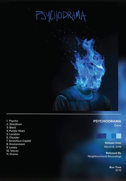 Dark blue canvas painting of drake pop rap music album cover with cyan-blue flames on head for living room decor gift