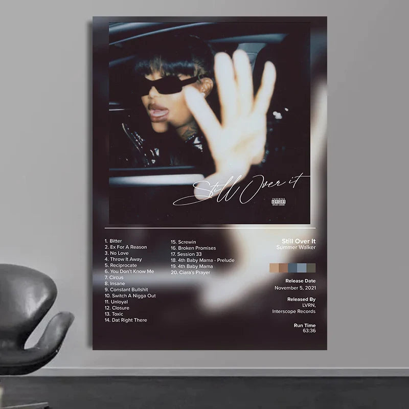 Black and white canvas poster featuring summer walker with sunglasses and tracklist for living room wall decor gift