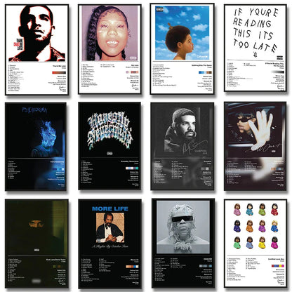 A collection of framed canvas album cover posters featuring drake sza and others for living room wall decor