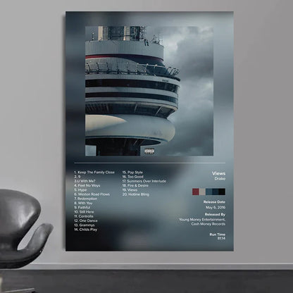 Drake pop rap music album cover poster with grayscale toronto cn tower and tracklist on canvas for living room decor