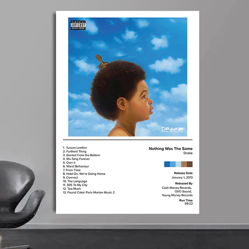 White-framed poster of drake nothing was the same album cover with child afro blue sky for living room wall decor gift