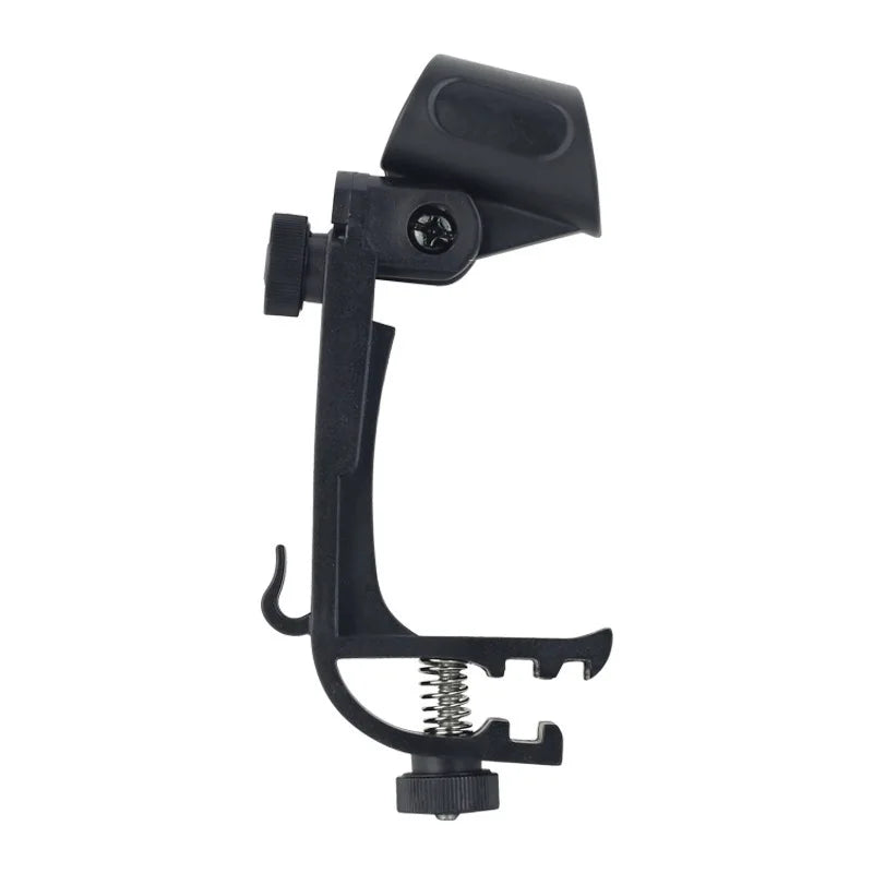 Black plastic drum accessory microphone stand clip with adjustable spring-loaded clamp and ergonomic handle shock mount holder