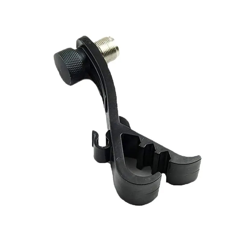 Black plastic drum accessory microphone stand clip with textured knob and metallic threaded shock mount holder