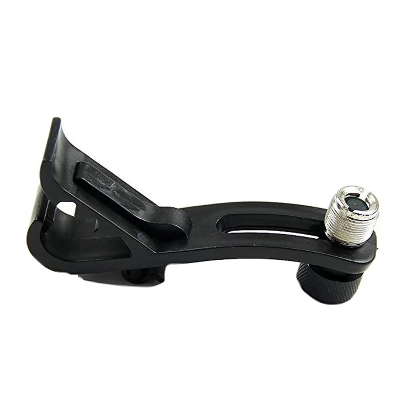 Black plastic microphone clip with silver threaded screw and knurled adjustment knob for drum set shock mount microphone