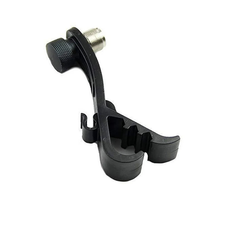 Black plastic drum accessory microphone clip with textured knob and metallic threaded connector for shock mount holder