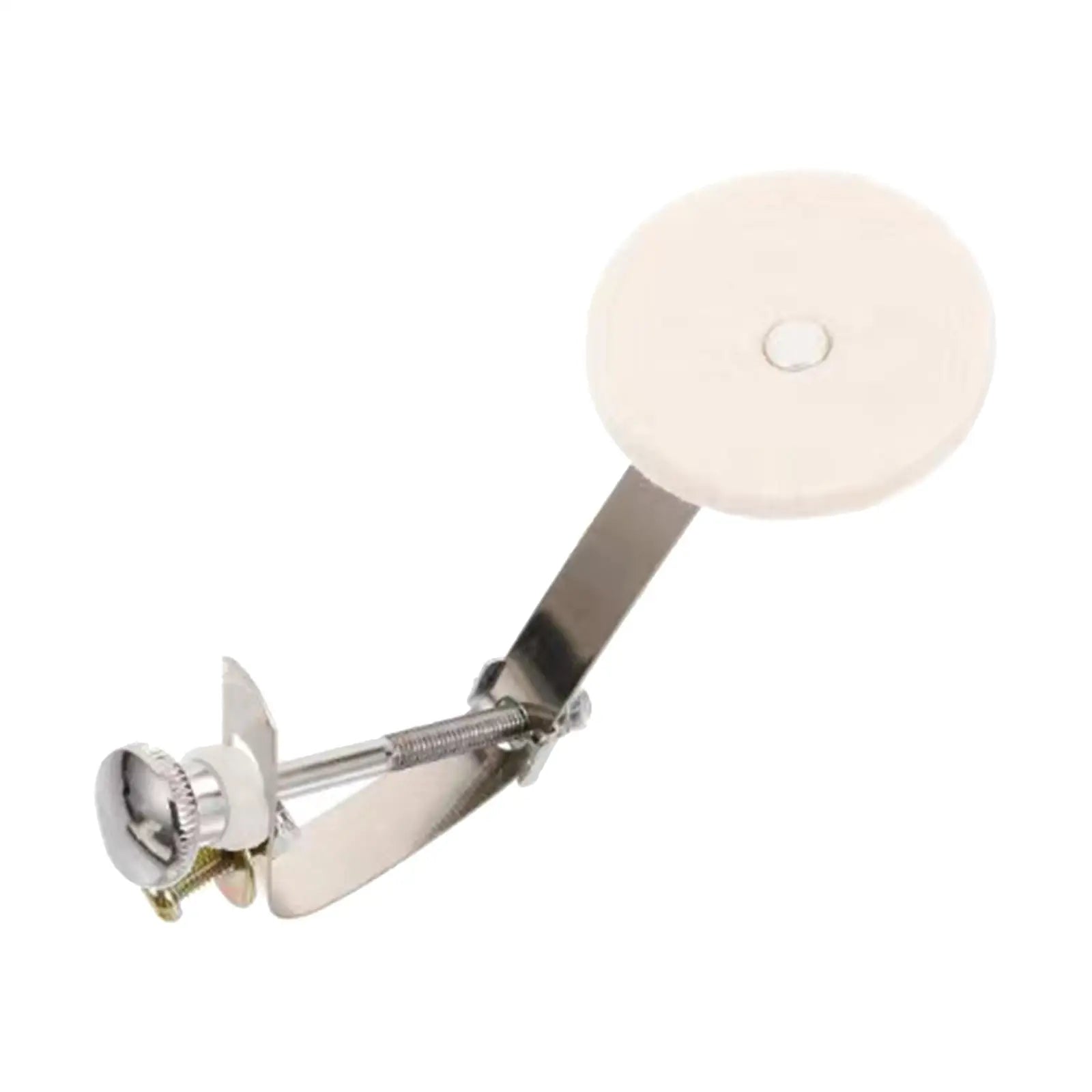 White circular pizza cutter with metallic handle and adjustable clamp used for drum damper mute tone control system