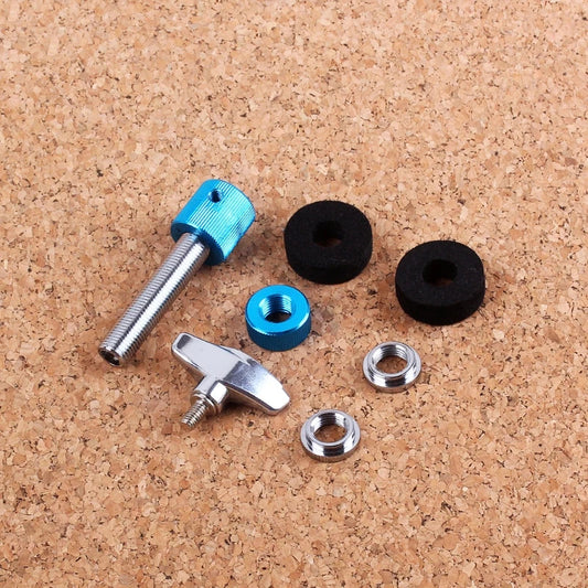 Blue and silver metal drum hi-hat cymbal clutch stand post with black rubber washers for percussion instrument accessories