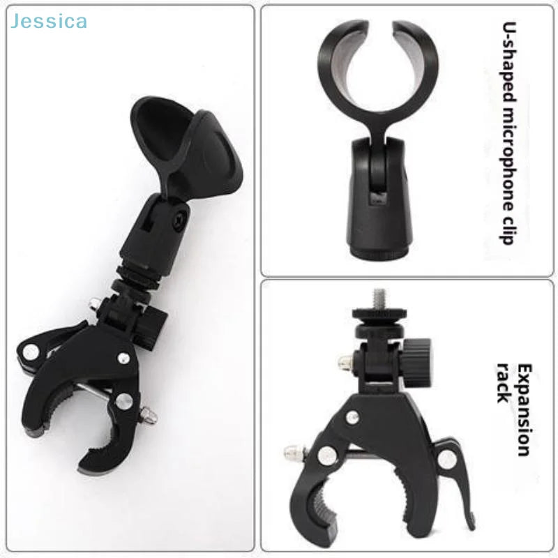 Black adjustable microphone crab clamp with u-shaped clip and expansion rack for secure mic stand and drum rim attachment