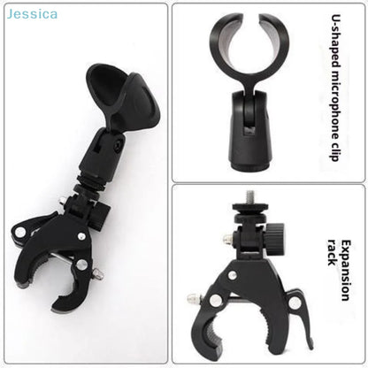 Black adjustable microphone crab clamp with u-shaped clip and expansion rack for secure mic stand and drum rim attachment