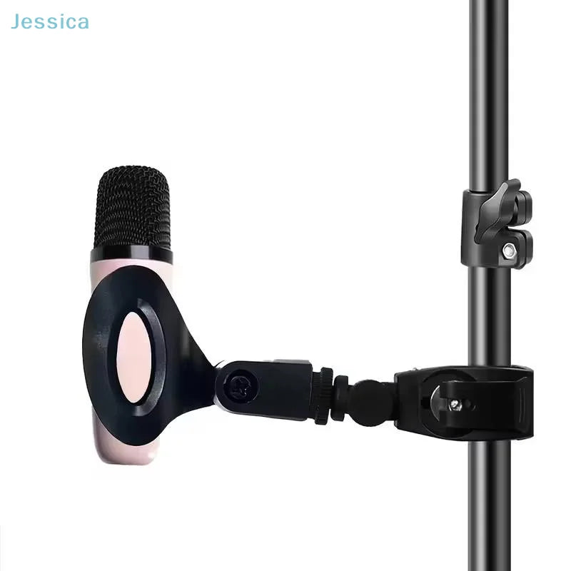 Black microphone crab clamp holding a pink and black condenser microphone on stand for mic stand&drum rim use with thread mic clip