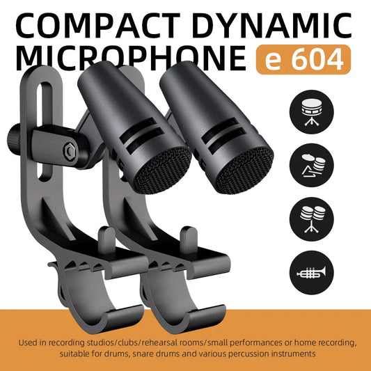 Black compact dynamic e604 tom snare cardioid instrument wired microphone with clip arm mount for professional recording