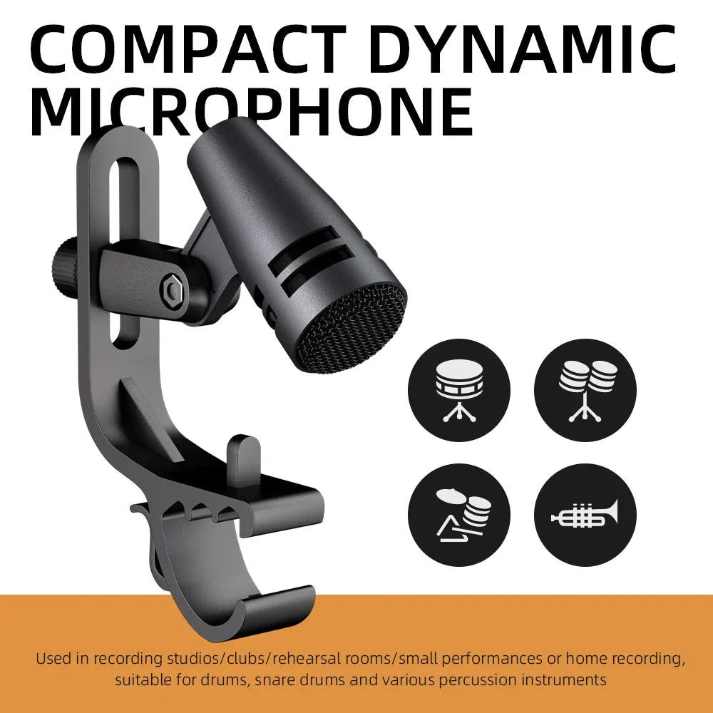 Black e604 tom snare cardioid instrument wired microphone with clip arm mount for drum and percussion recording