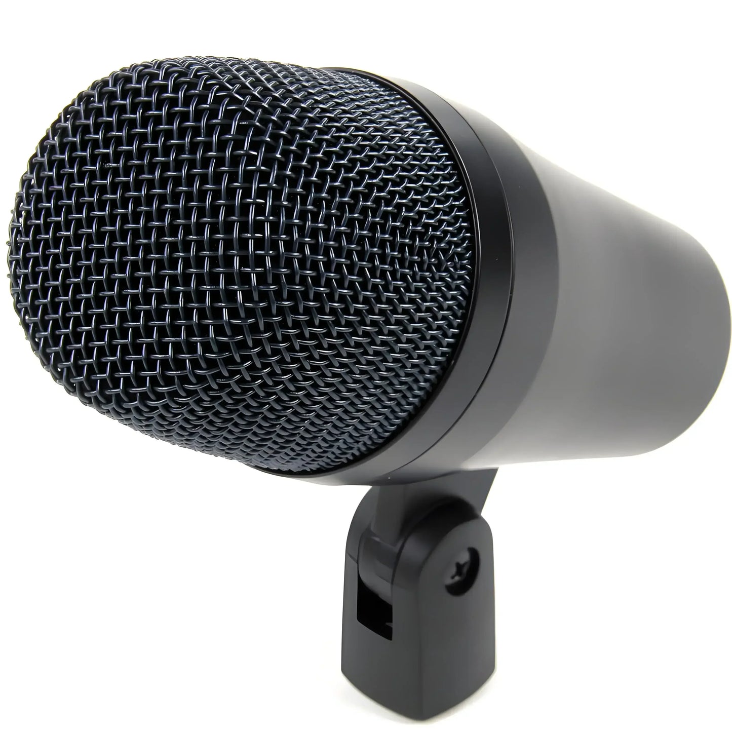 Black drum microphone e902 with mesh grille and matte plastick shell for crisp bass drum sound and wide 40hz response