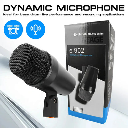 Black drum microphone e902 with plastick shell and mesh grille designed for crisp bass drum sounds and wide 40hz response