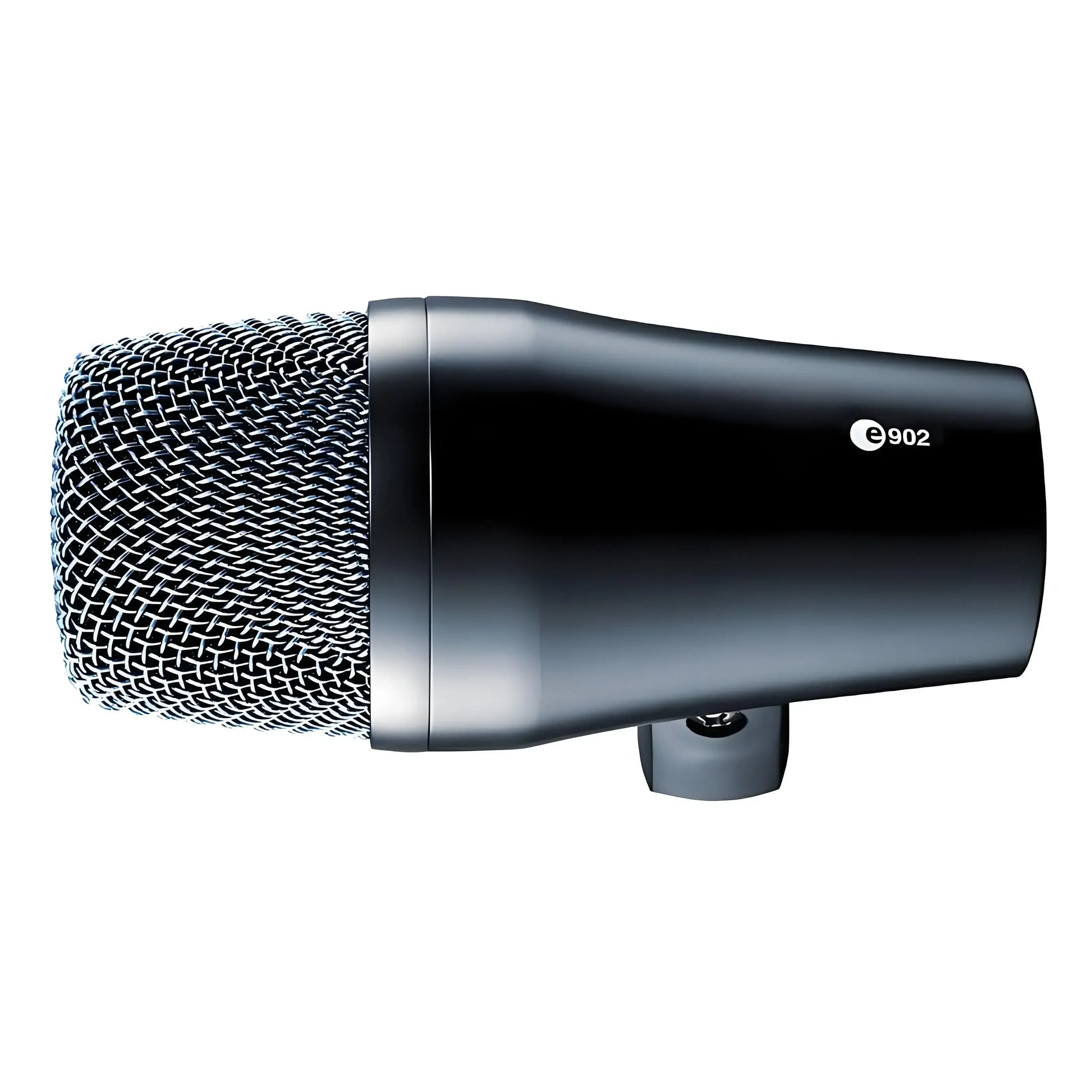 Black drum microphone e902 with metallic mesh grille and matte plastic shell for crisp bass drum sounds wide 40hz response