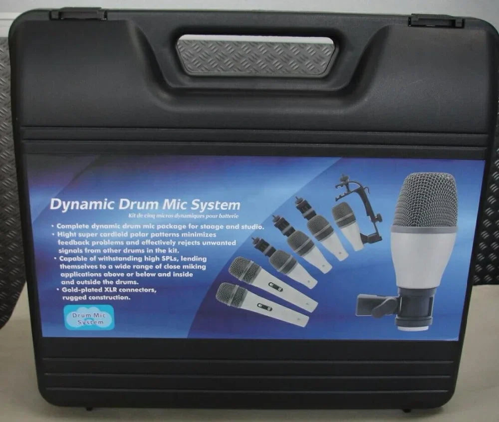Black plastic carrying case for drum microphone kit with illustrated 52q kick drum and 56q snare tom microphones and accessories