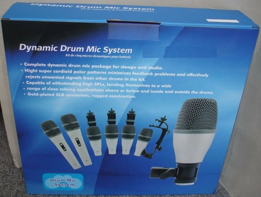 Blue box drum microphone kit with five white and black mics and gold-plated xlr connectors for drums vocal and instruments
