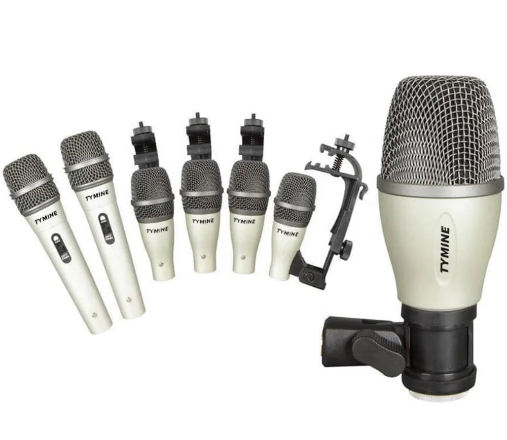 Set of six white and silver tymine microphones with mesh grilles in drum microphone kit for drums vocals and instruments including 52q kick drum and 56q snare tom