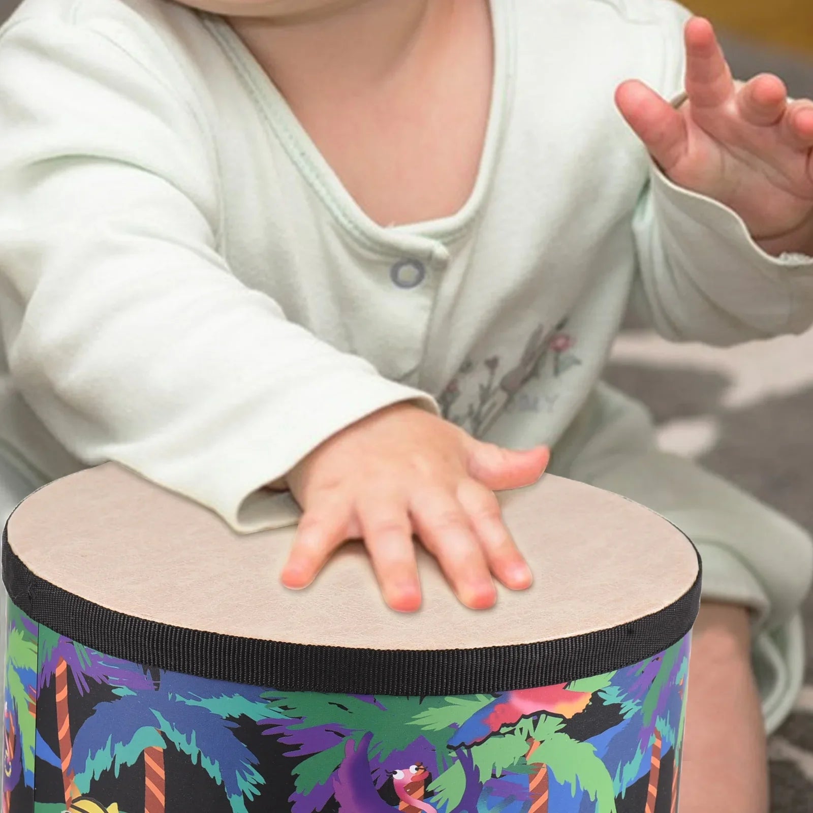Colorful tropical-themed 8-inch birch wood floor drum with beige drum surface and black trim ideal birthday gift