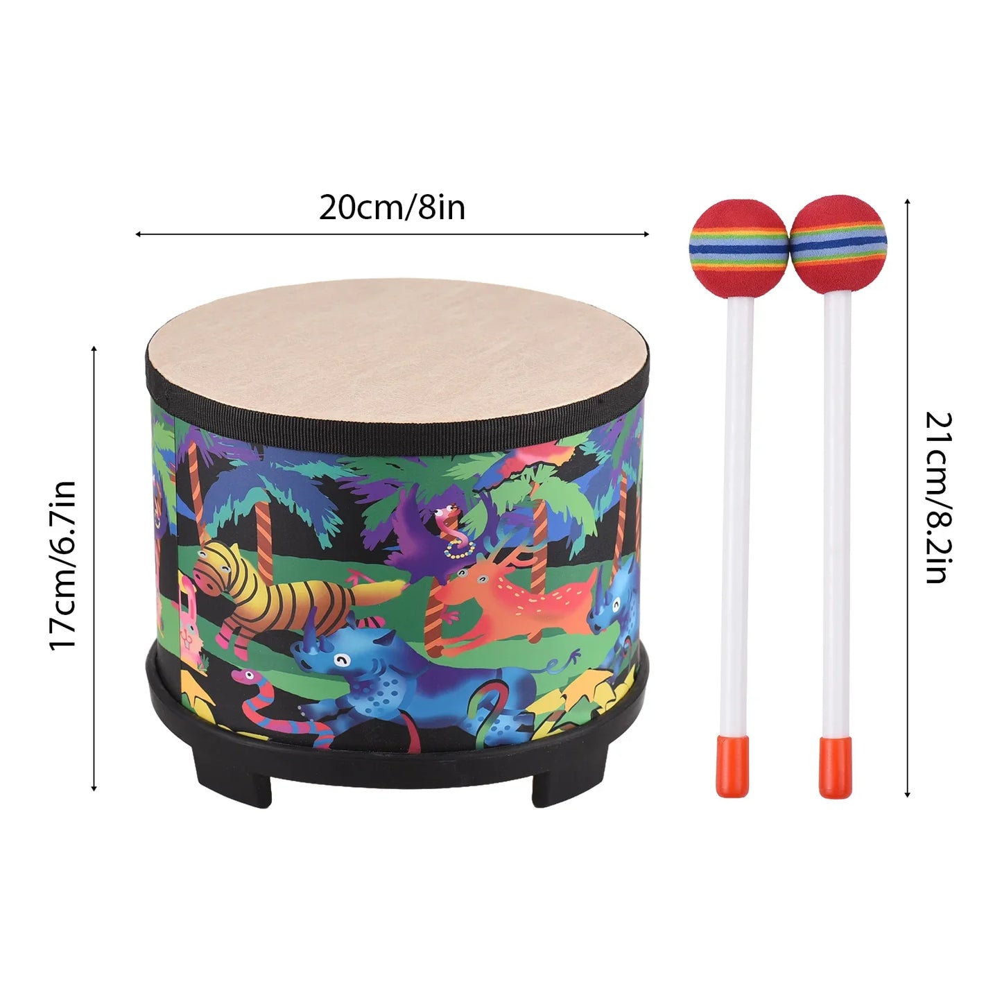 Colorful cartoon-themed 8-inch bongo floor drum with birch wood drum surface and vibrant animal illustrations birthday gift