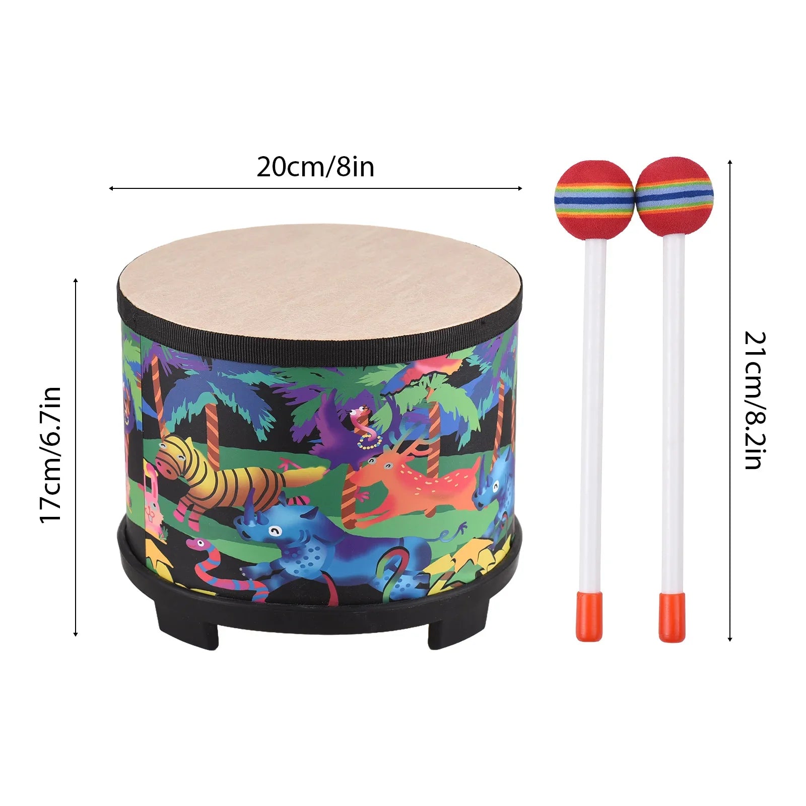 Colorful cartoon-themed 8-inch bongo floor drum with birch wood drum surface and vibrant animal illustrations birthday gift