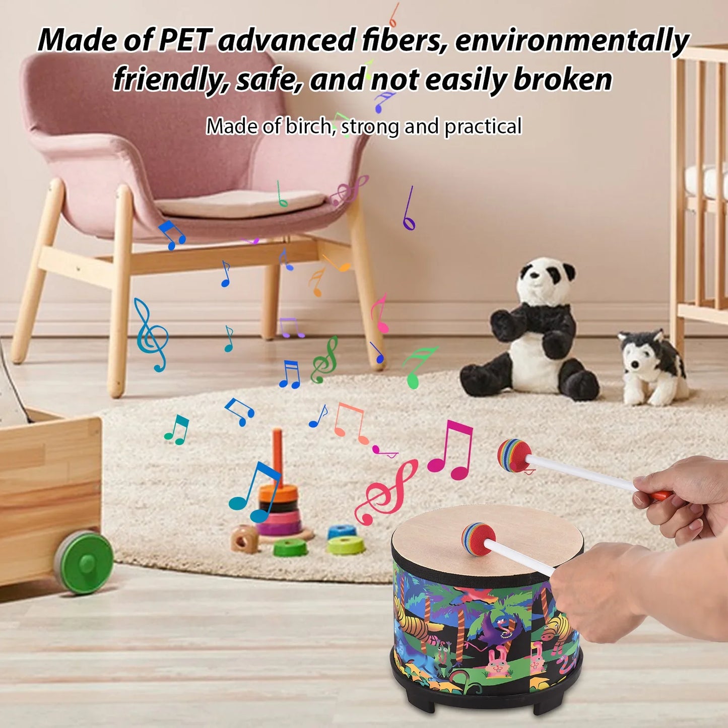 Colorful cartoon-themed birch wood drum with black base and red-tipped mallets ideal birthday gift instrument